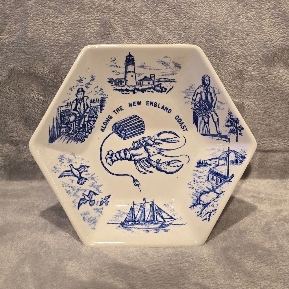 Vintage Cape Cod New England Coast Hexagon Ceramic Trinket Bowl Blue White 5.5"